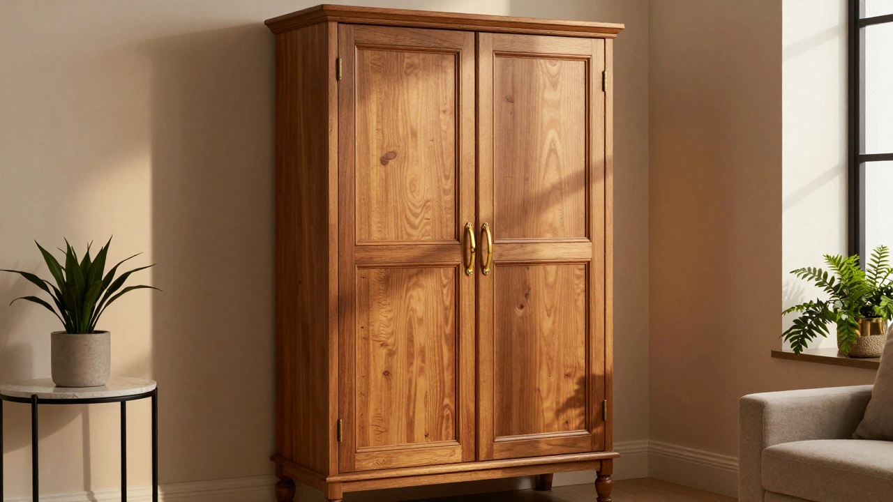 Tall wooden armoire with double doors standing in a warmly lit room