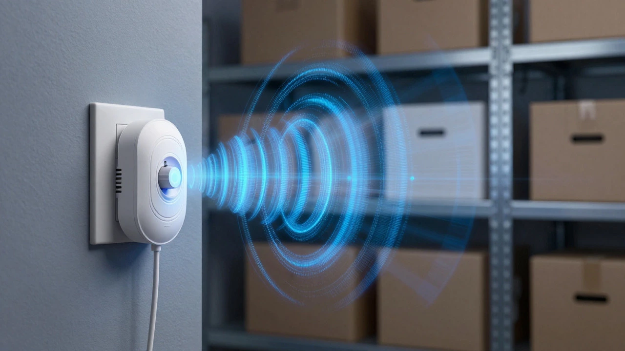 Ultrasonic repeller emitting sound waves in a cluttered storage room