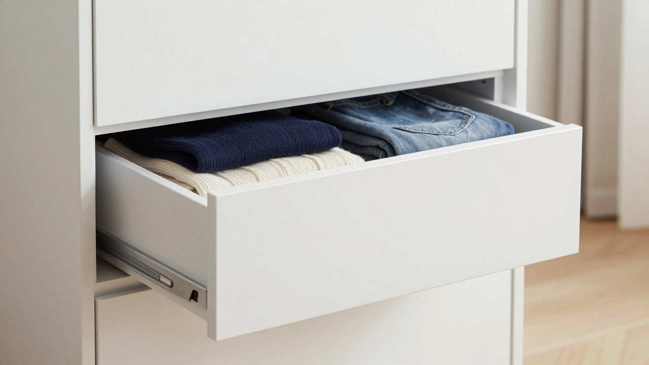 White chest of drawers with folded clothes in a modern room