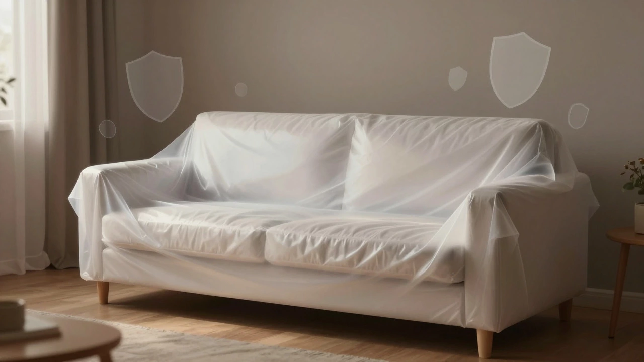 A sofa wrapped in white plastic sheeting in a cozy, dimly lit room representing protection