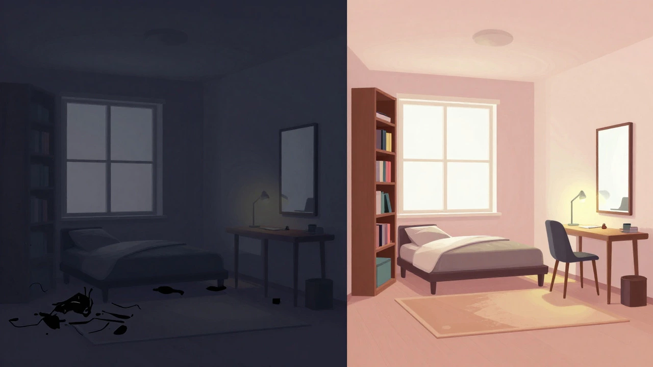 An artistic comparison of a cluttered bedroom versus a balanced, well-lit layout