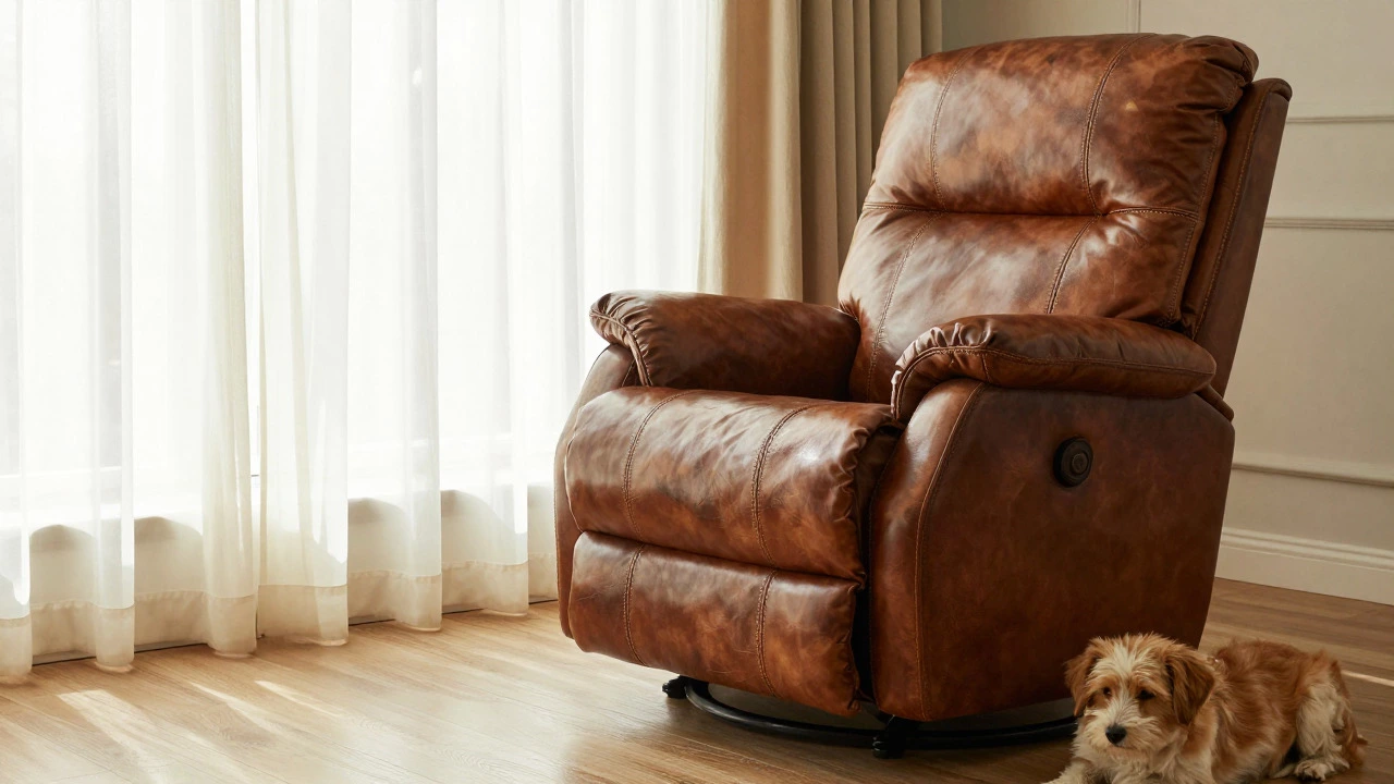 Classic brown leather recliner in a cozy, sunlit living room
