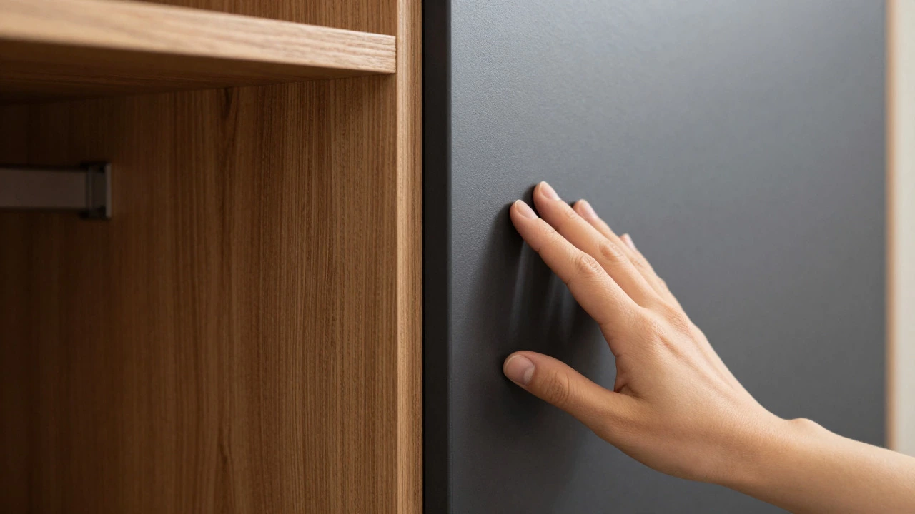 Close-up comparison of solid oak and MDF materials on a custom-built wardrobe unit.