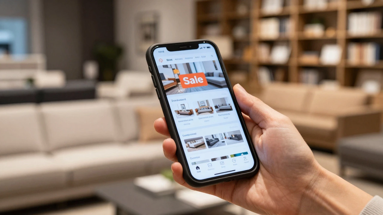 Close-up of smartphone showing sale alert in a luxury furniture showroom