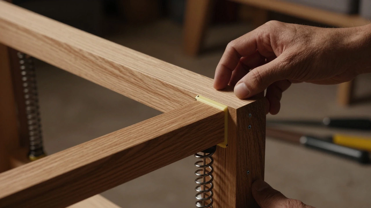 Close-up of sofa frame showing hardwood joints and hand-tied springs