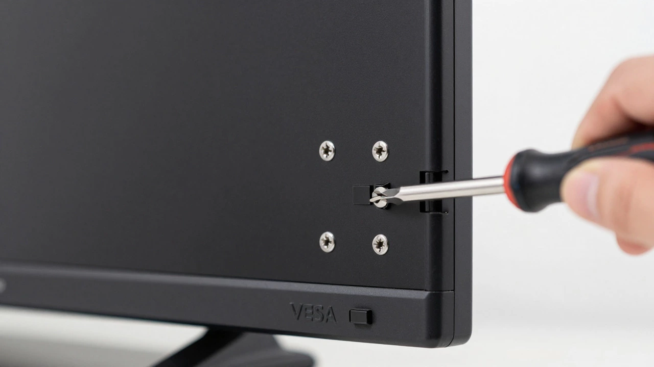 Close up of VESA mounting holes on back of TV being unscrewed