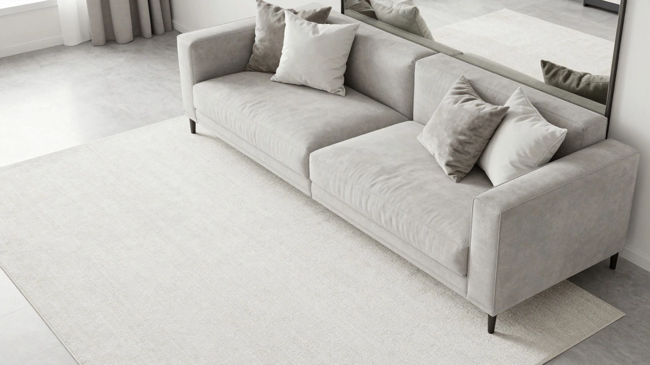 Compact living room with light gray sofa, large rug, and mirror enhancing space