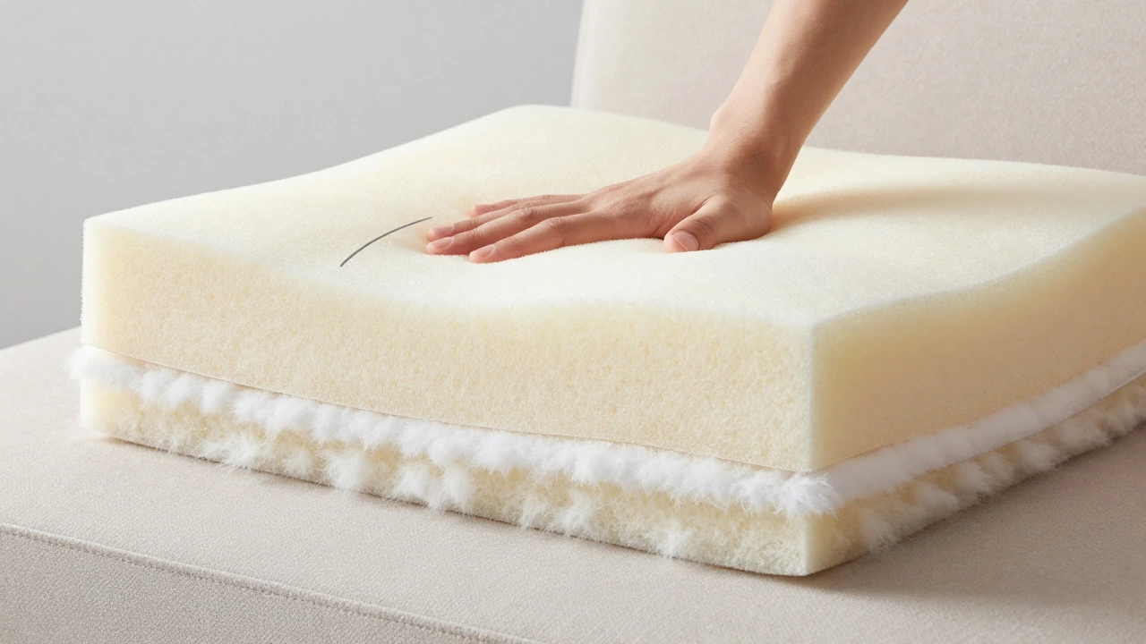 Cross-section view of a high-density foam and down sofa cushion