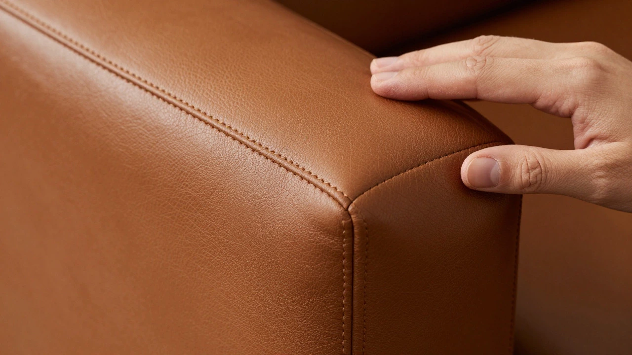 Hand inspecting the stitching and texture of full-grain leather
