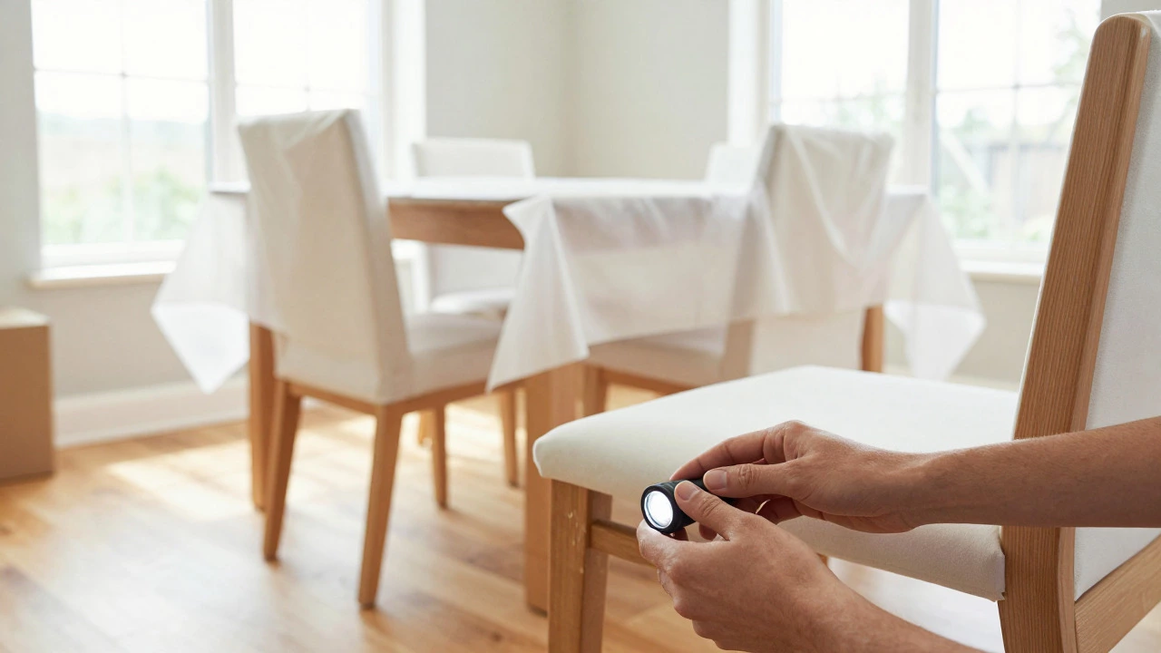 Hand inspecting unwrapped wooden furniture for scratches