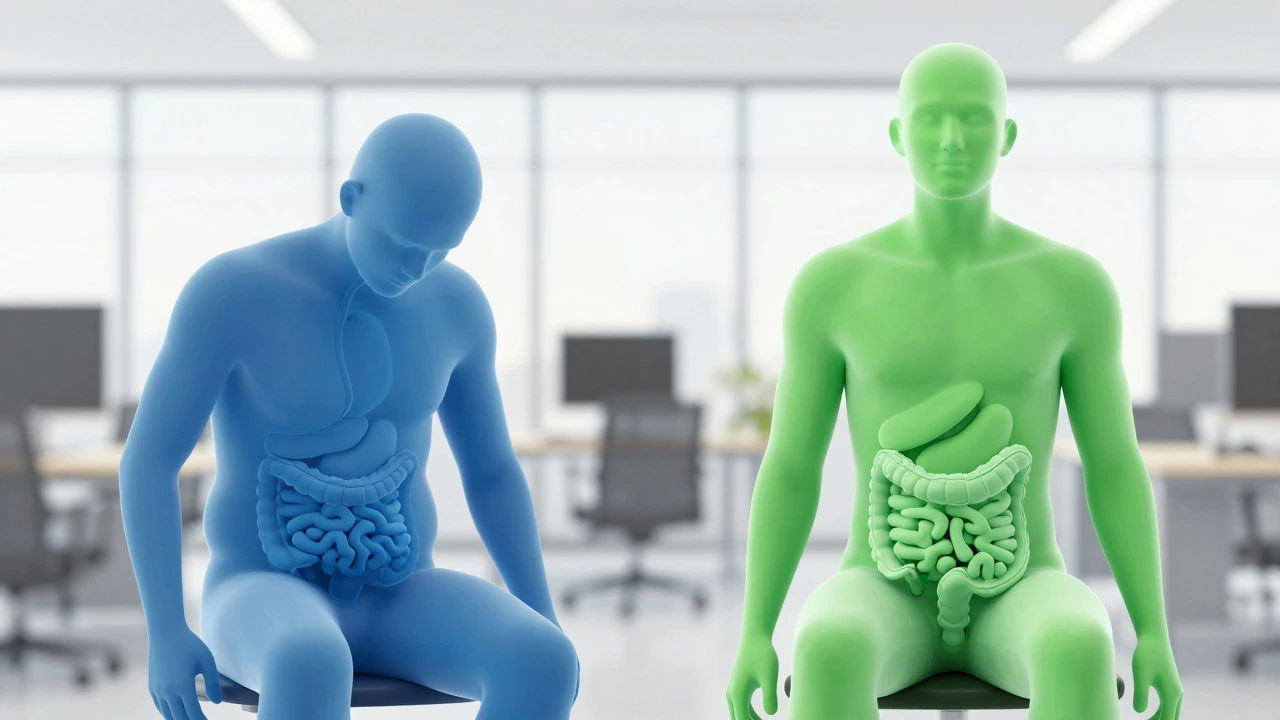 Illustration comparing slouching versus upright sitting effects on body