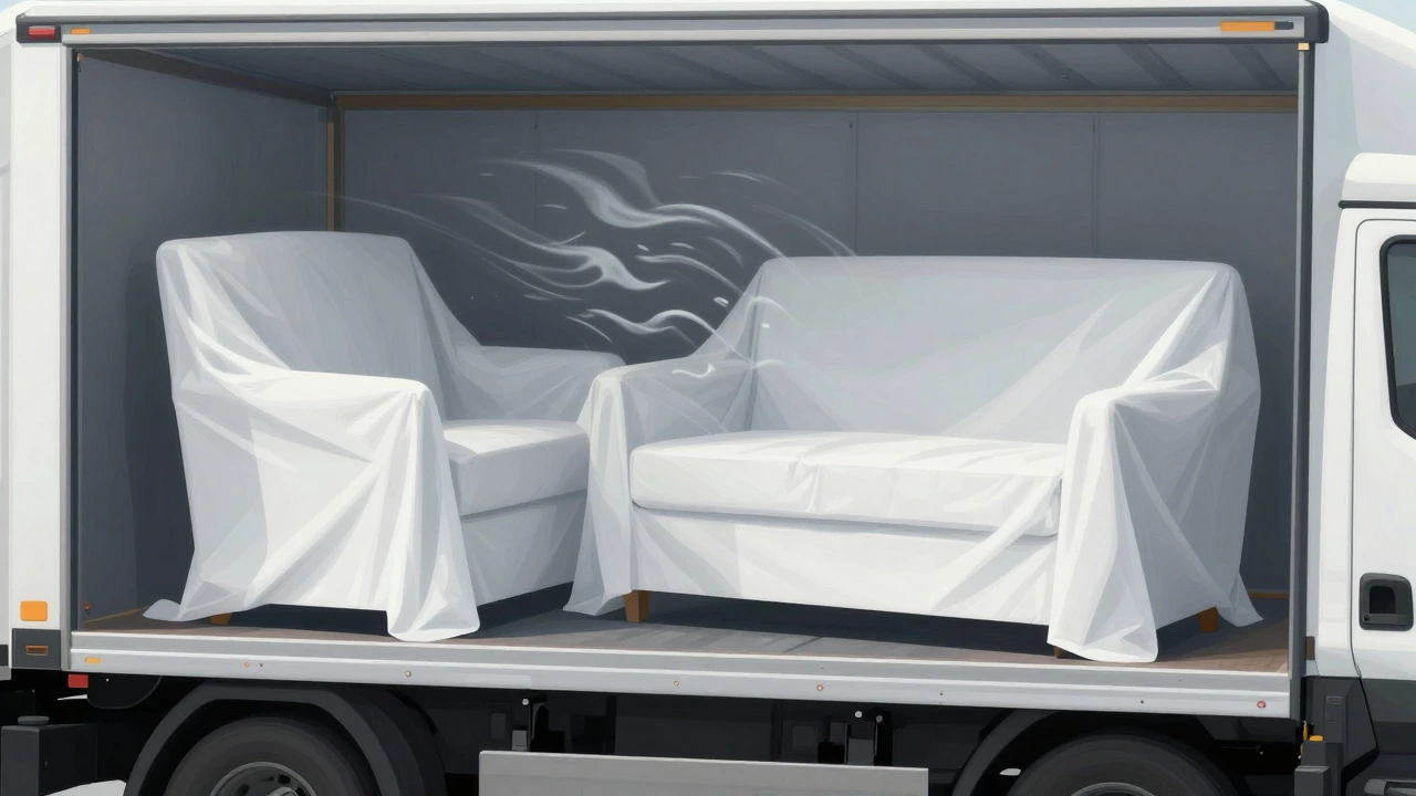 Illustration of furniture protected by sheets inside a moving truck