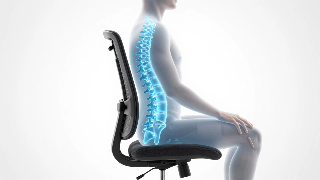 Illustration showing spine alignment and seat depth within an ergonomic chair structure