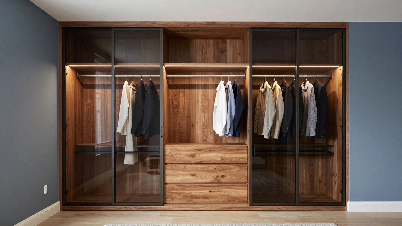 Luxury multi-bay fitted wardrobe with glass fronts and internal lighting in a modern bedroom.