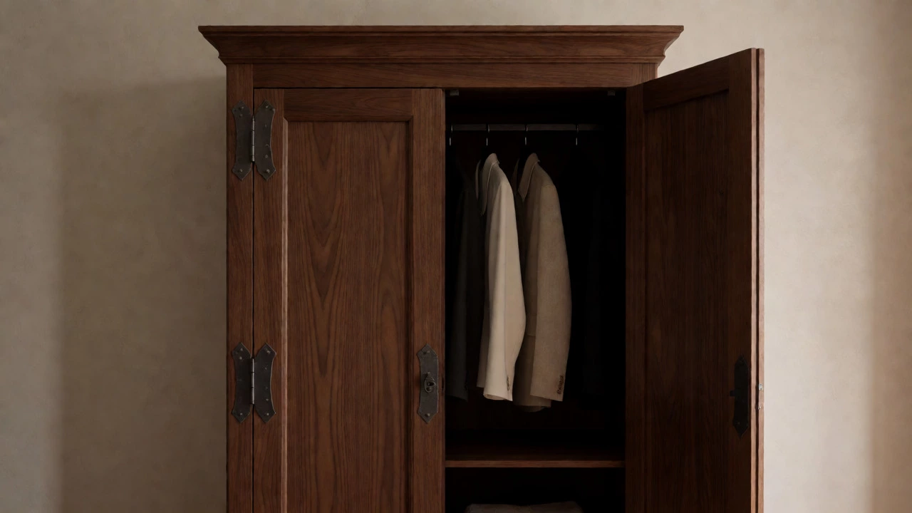 Modern walnut armoire with iron details in a stylish contemporary bedroom