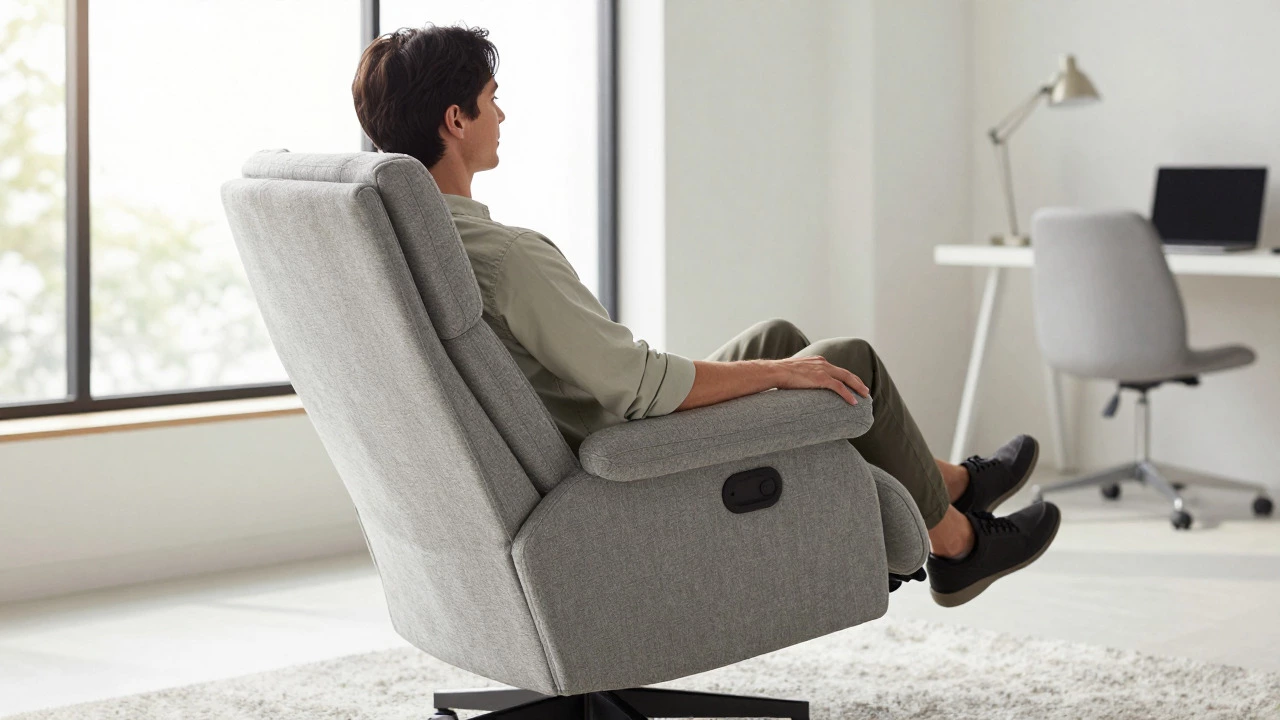 Person sitting ergonomically in a modern grey recliner chair