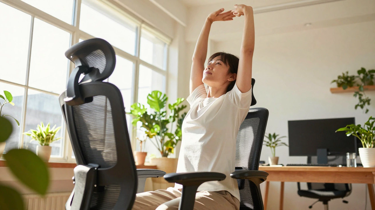Person stretching and standing up from an ergonomic office chair in a bright workspace