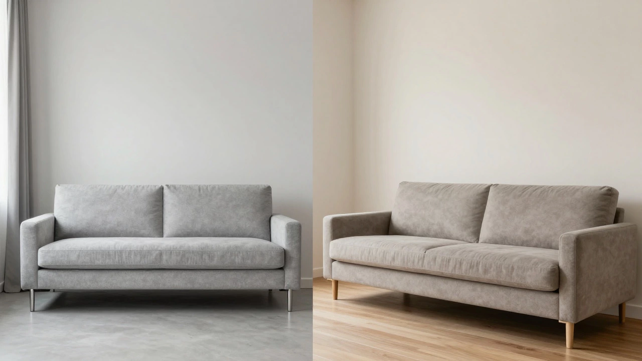 Side-by-side comparison of cool and warm light gray sofas in different lighting