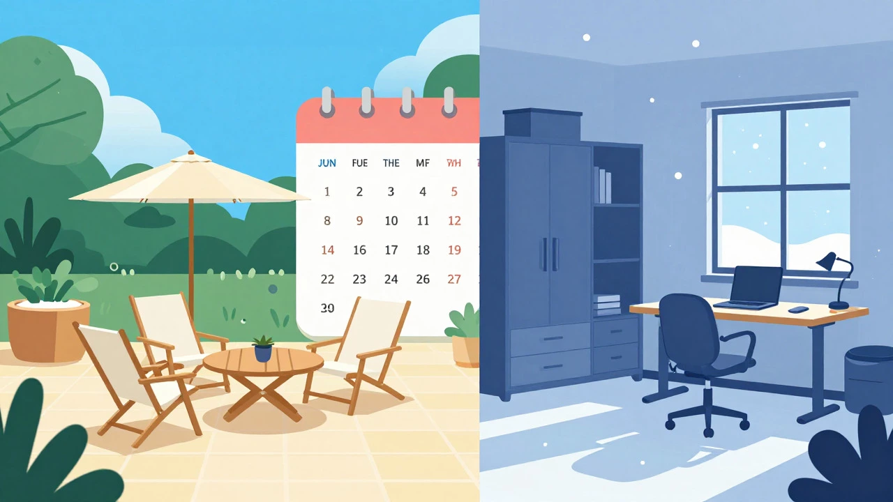 Split illustration comparing summer outdoor and winter indoor furniture sales