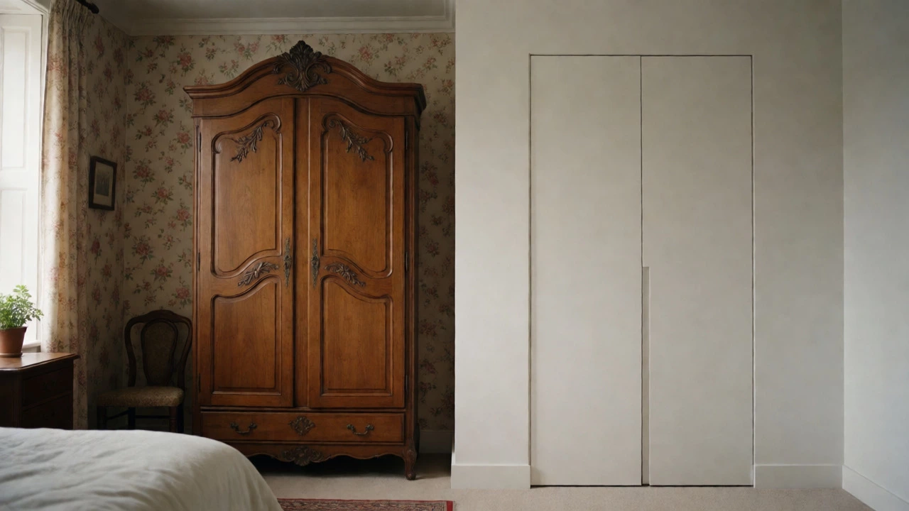 Split view comparing a freestanding British wardrobe and an American built-in closet