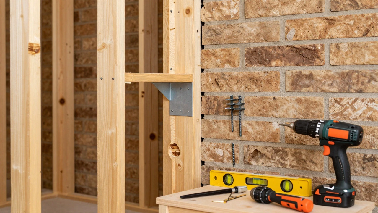 Wall mount bracket secured into timber studs and brick wall