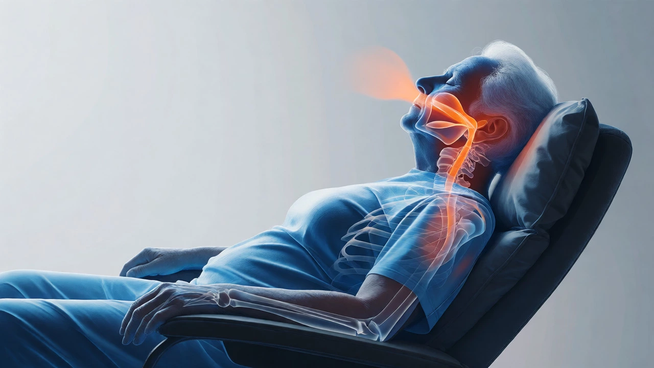 Anatomical diagram showing open airway while sleeping in an elevated recliner