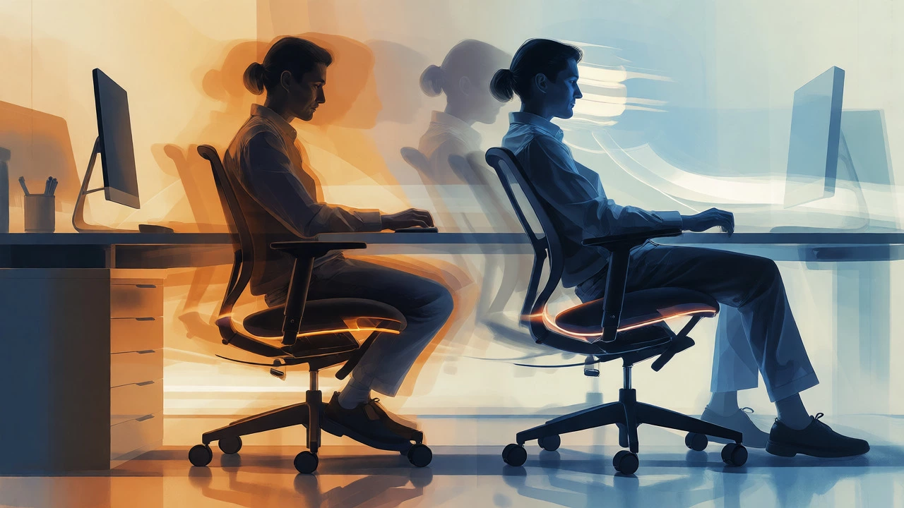 Artistic depiction of a person shifting between upright and reclined sitting postures