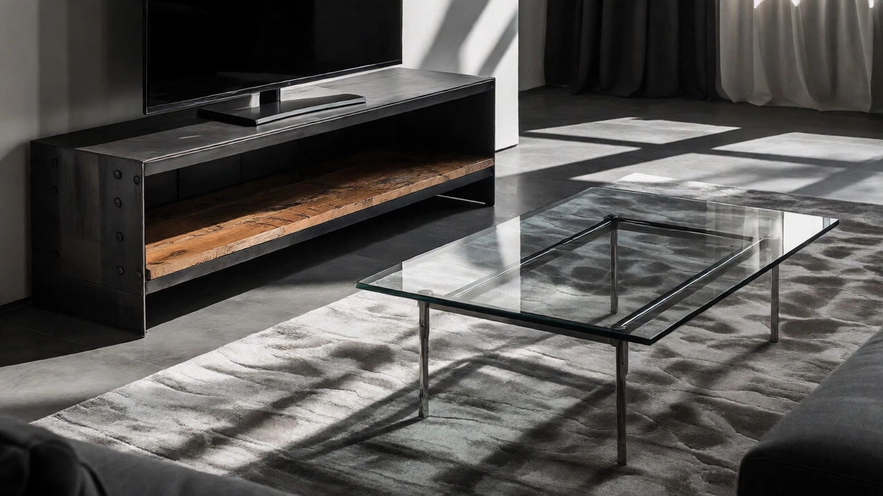 Black metal TV console paired with a glass-top coffee table for contrast