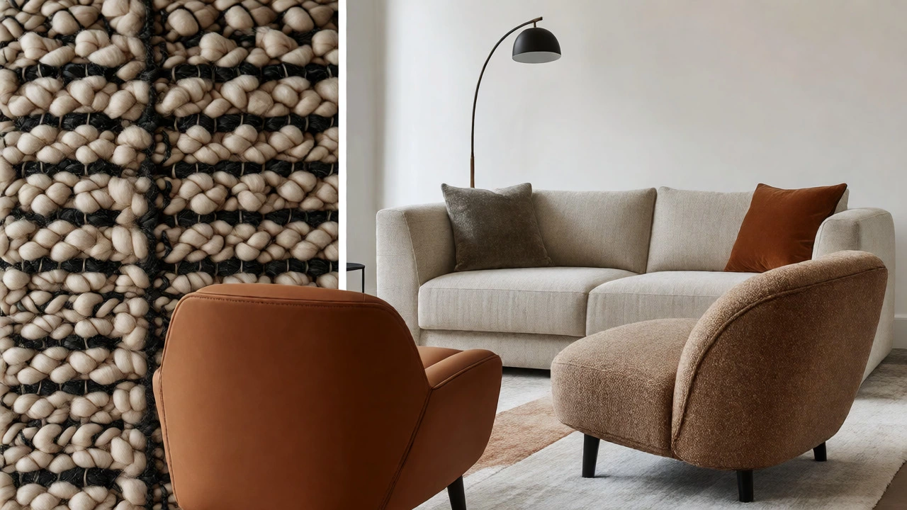 Close-up of textured bouclé and matte leather upholstery with armchairs in a modern setting