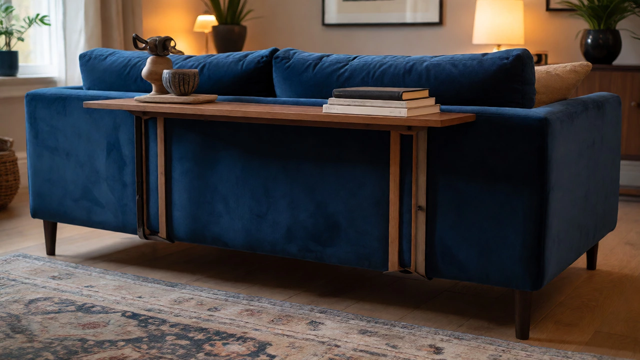Console table behind floating sofa filling empty space