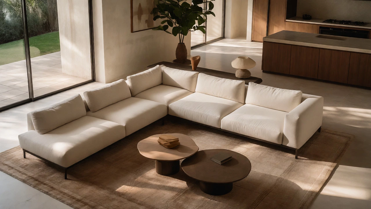 Cream modular corner sofa defining zones in a bright open-plan home with round coffee tables