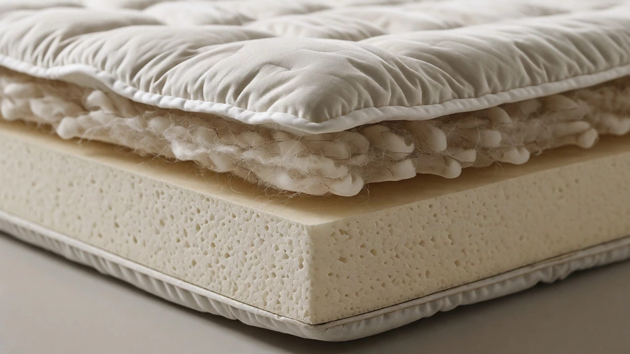 Cross-section view of layered futon materials including foam and wool