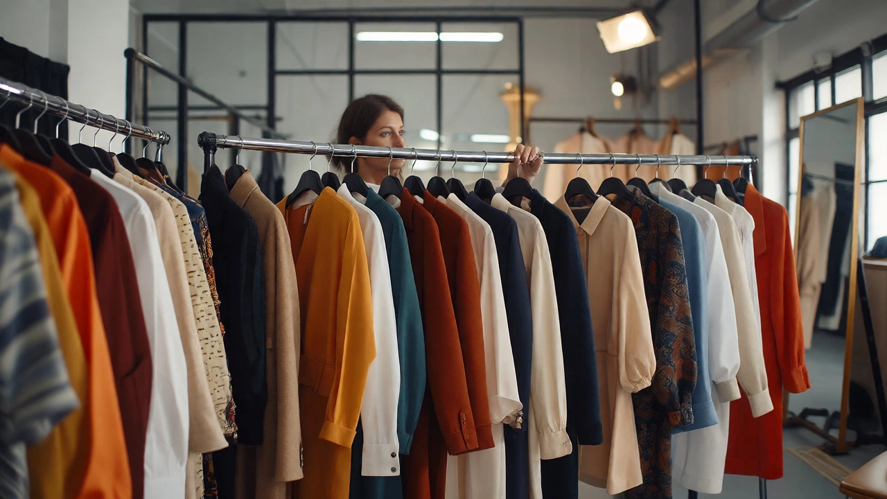 Fashion stylist organizing clothes on a rack in a professional wardrobe department
