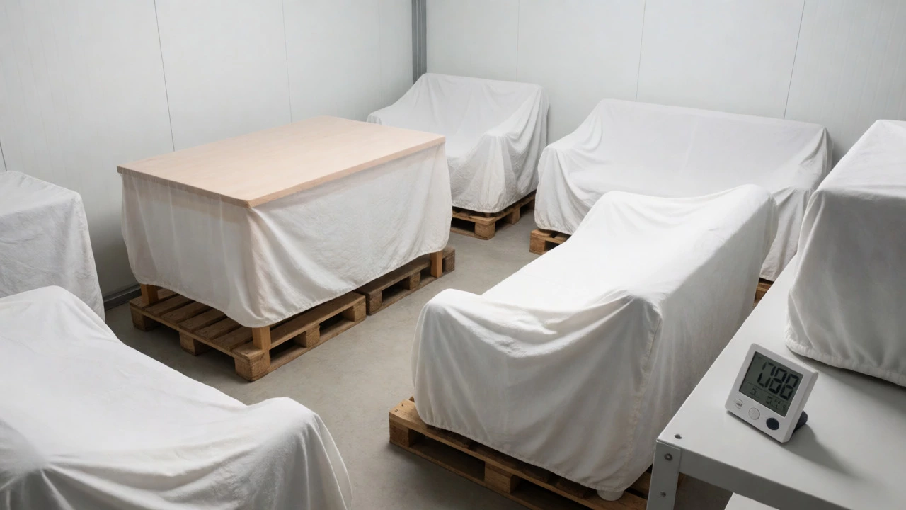 Furniture wrapped in breathable covers on pallets in a clean storage unit