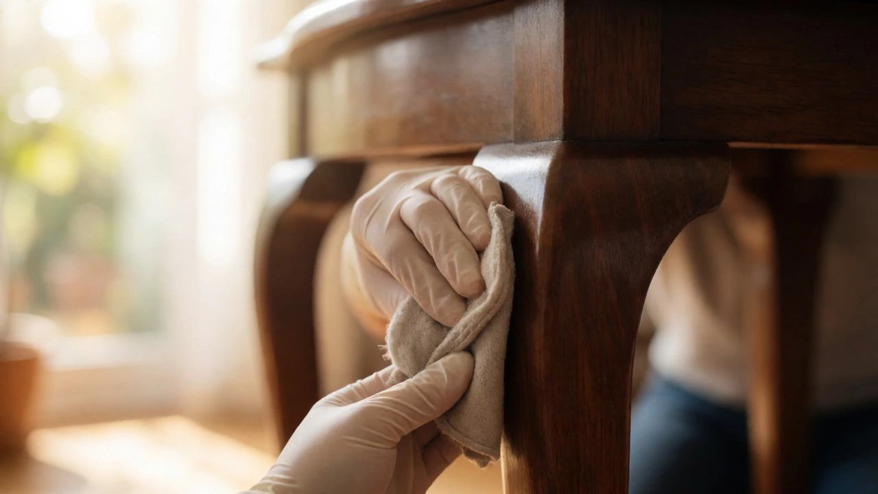 Hands cleaning mould off a wooden table leg in sunlight