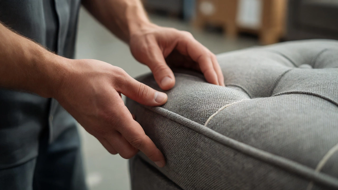 Hands inspecting the stitching quality of upholstered furniture