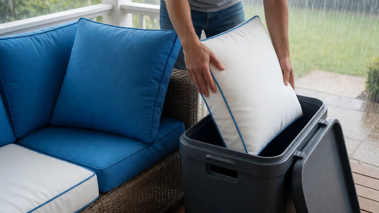 Homeowner storing outdoor cushions in waterproof box