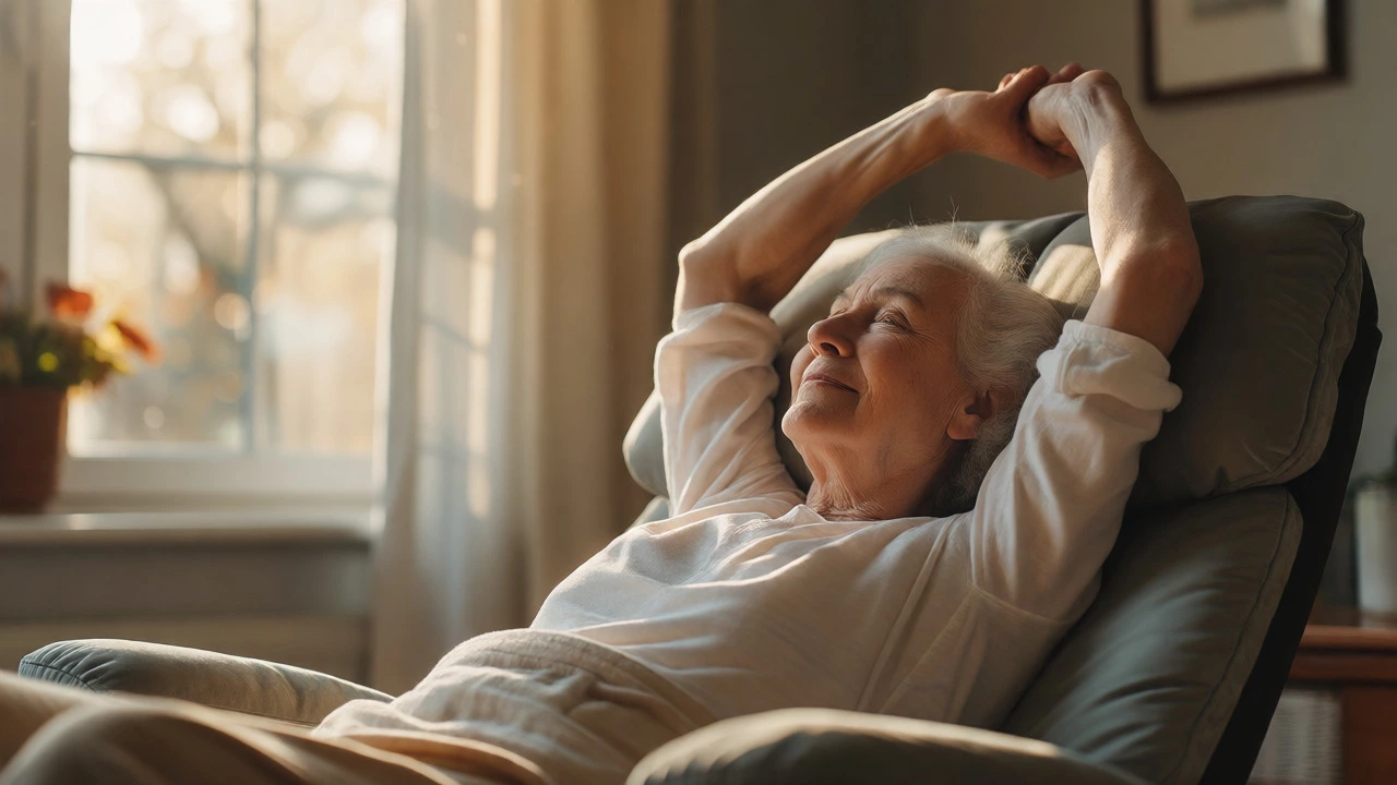 Older adult stretching and smiling after waking up in a supportive recliner