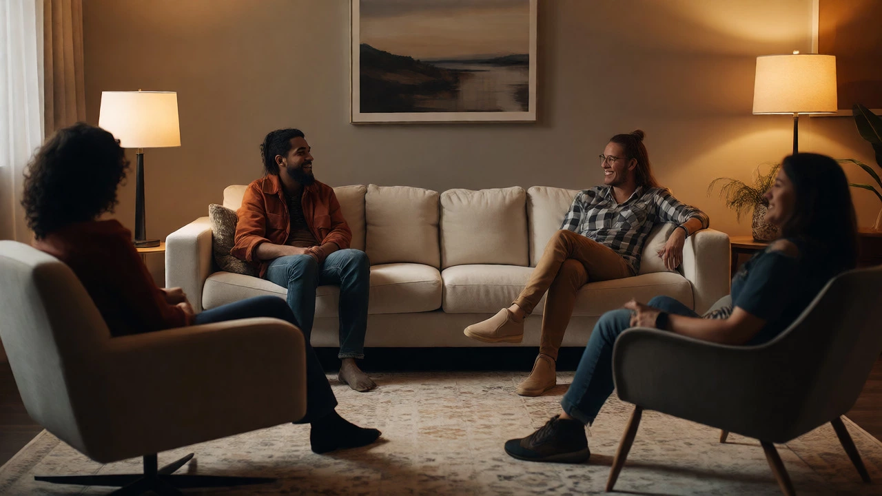People conversing around centrally placed floating sofa