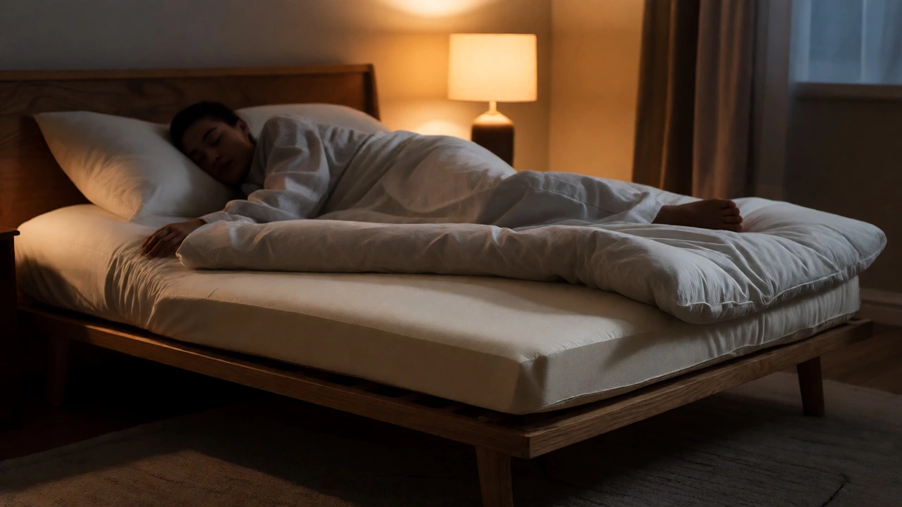 Person sleeping comfortably on a futon with a plush mattress topper