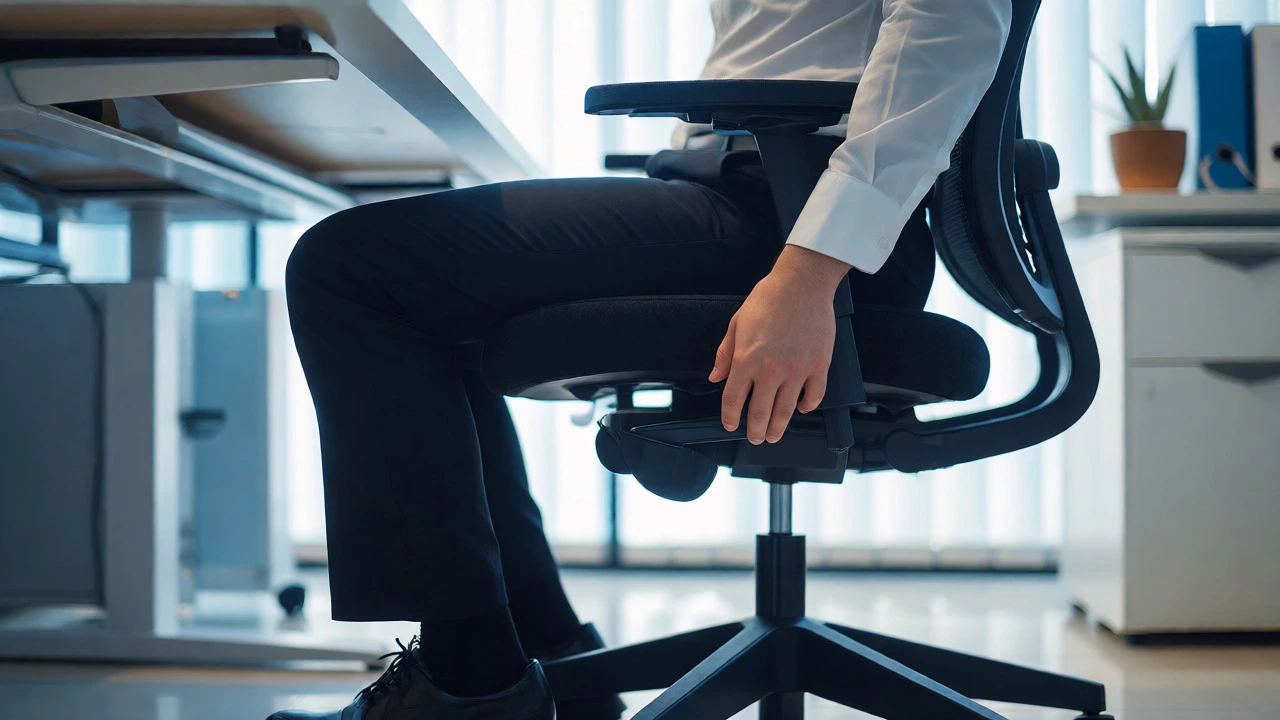 Side view of person adjusting ergonomic chair with feet flat and knees at 90 degrees