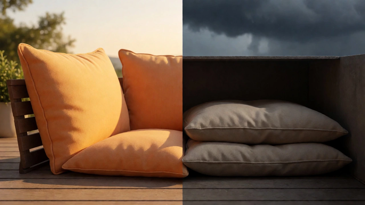 Split view comparing sunny dry cushions vs stored protected cushions