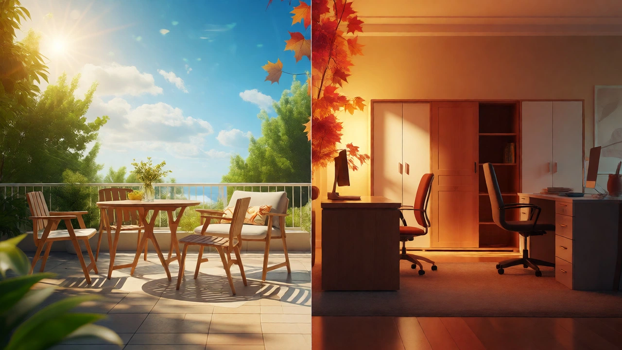 Split view showing outdoor patio sets and indoor autumn furniture
