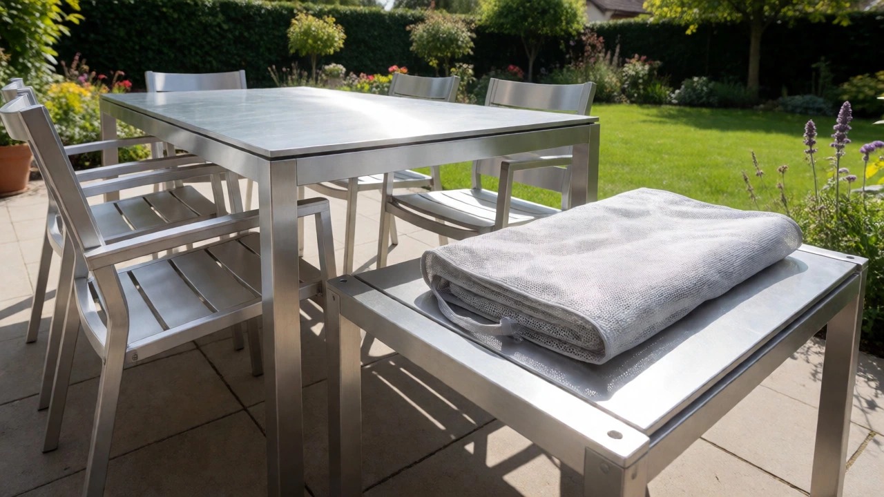 Uncovered aluminum patio furniture drying in sunlight
