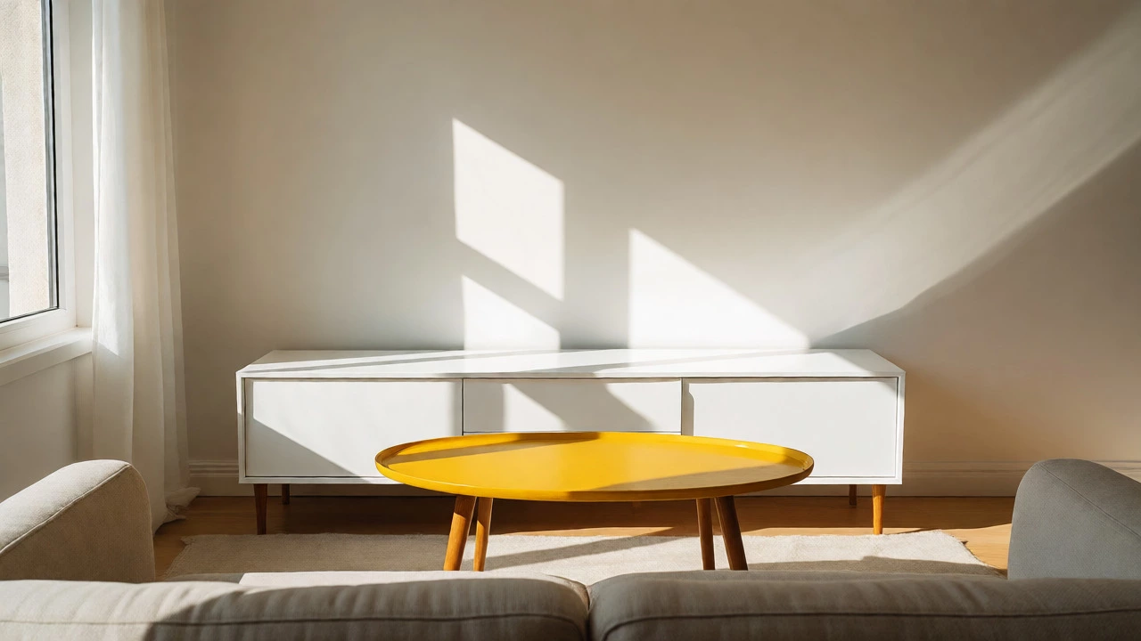 White TV unit and bright yellow coffee table creating a color accent