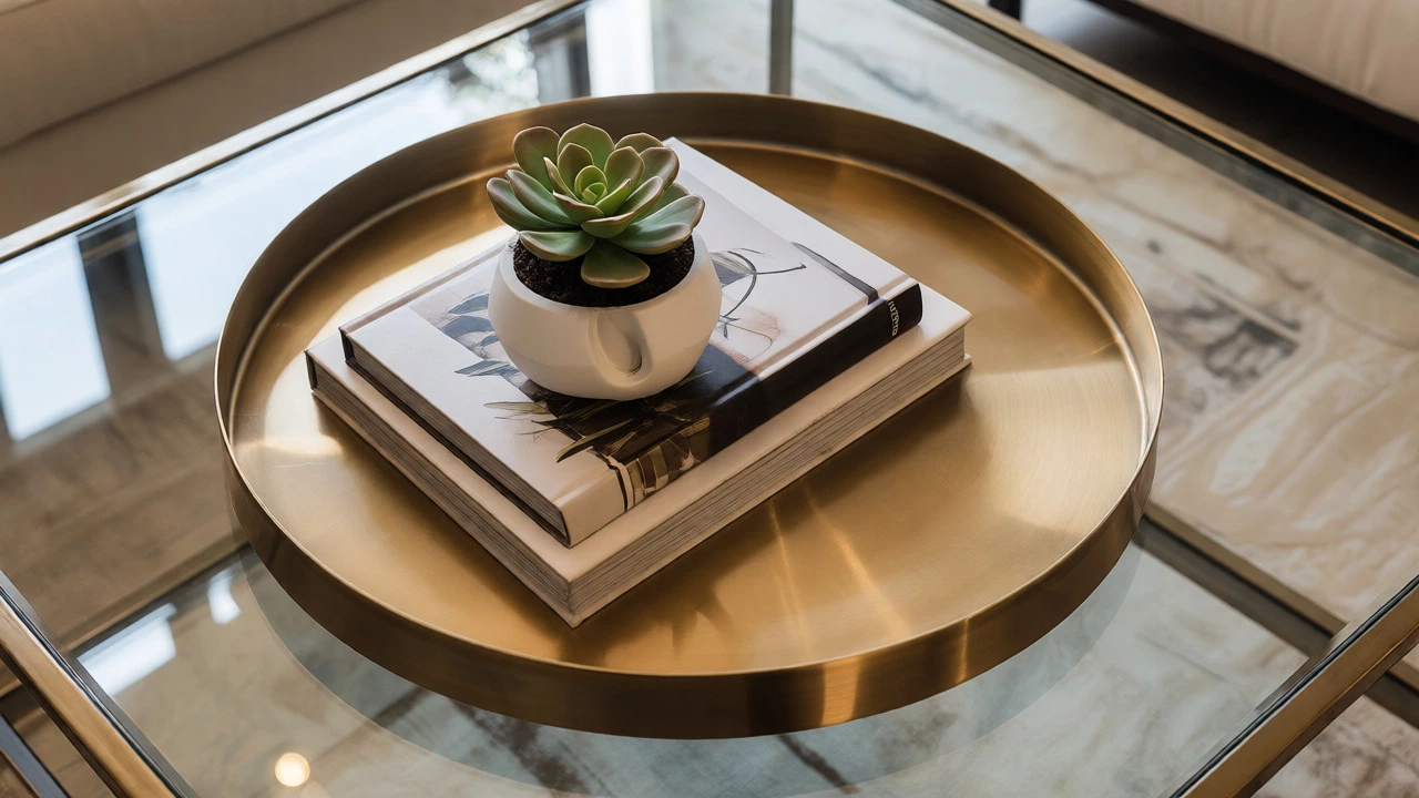 Brass tray on glass table styled with books and a plant using three-tier method.