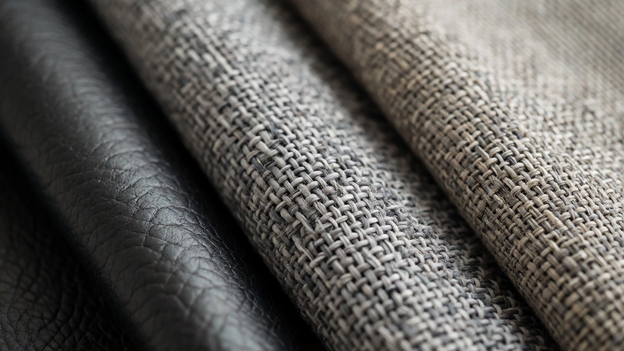 Close-up comparison of leather, microfiber, and linen fabric textures