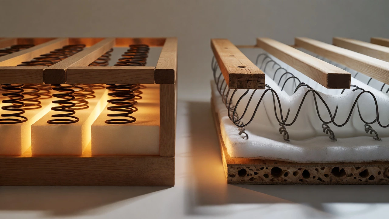 Cross-section comparison of hardwood frame with hand-tied springs versus particleboard frame