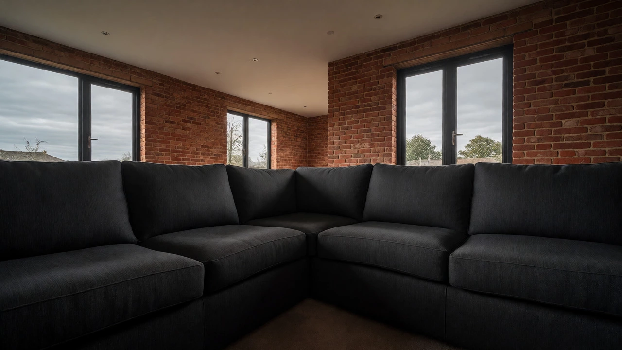 Dark grey sectional in an industrial-style living room with brick walls