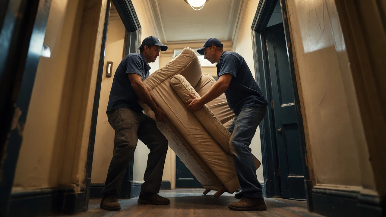 Delivery workers struggling to move a large sofa through a narrow hallway